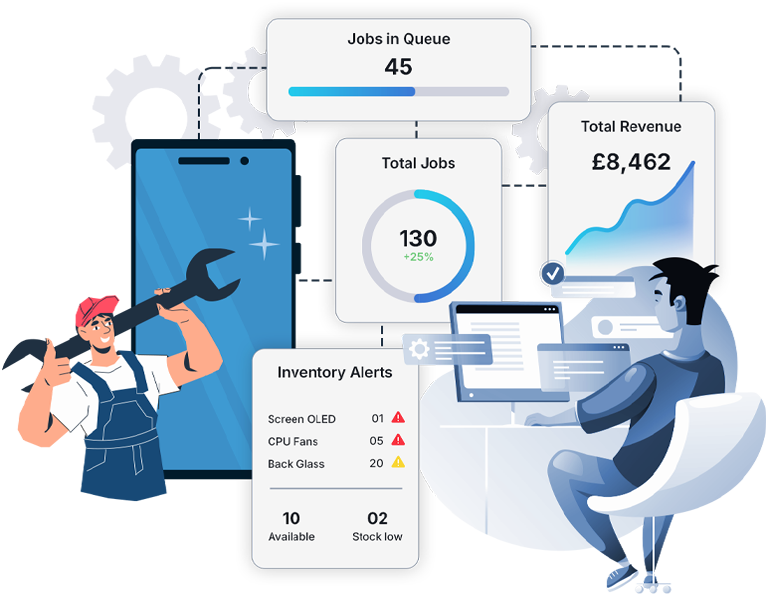 RepairSuite dashboard — jobs, revenue and inventory at a glance