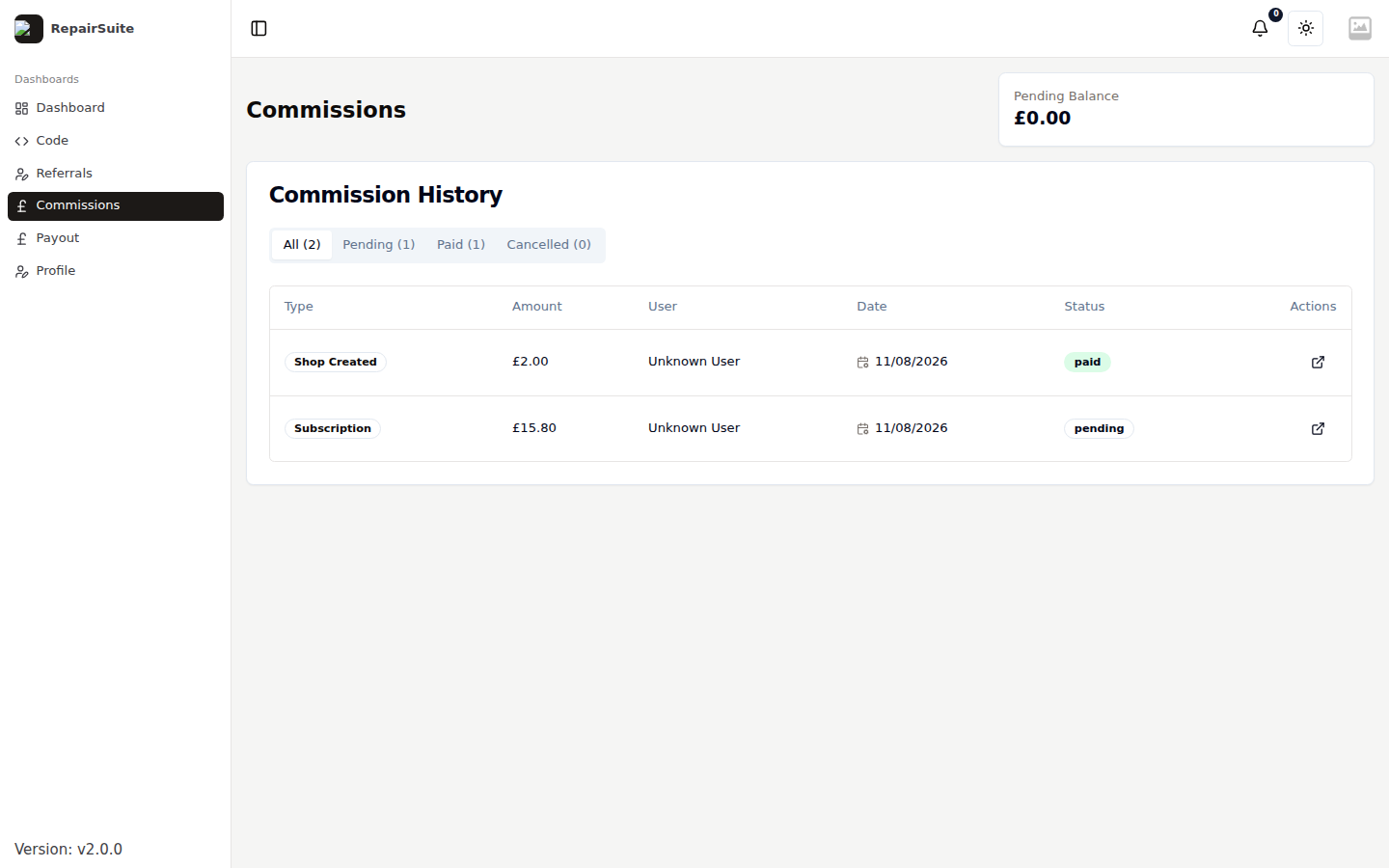 Commissions list showing commission type, the referred shop, rate, amount, status and date earned