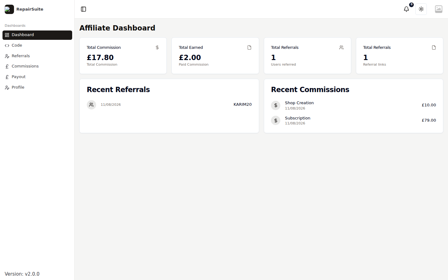 Affiliate dashboard showing total commission, total earned, referrals and referral links, with recent referrals and recent commissions