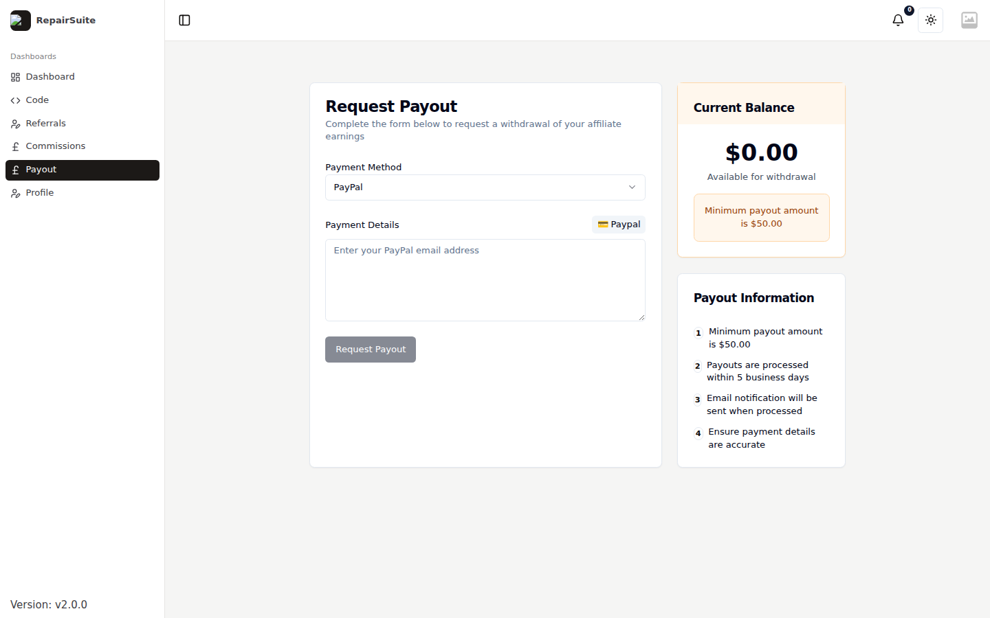 Request payout page showing the payment method selector, payment details field, current balance, minimum payout amount and payout information