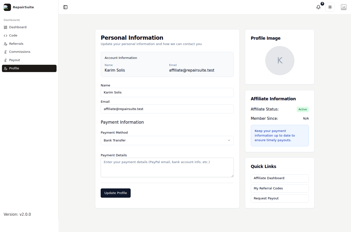 Affiliate profile page with contact details and payment method information