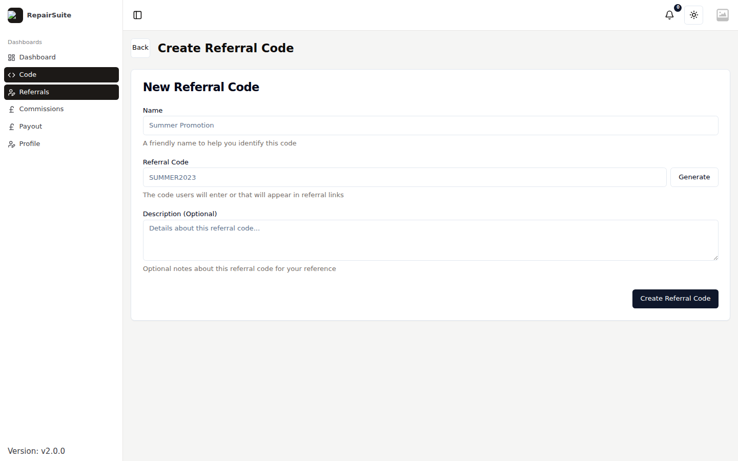 Create referral code form with fields for the code, a description, a custom commission rate, a maximum number of uses and an expiry date