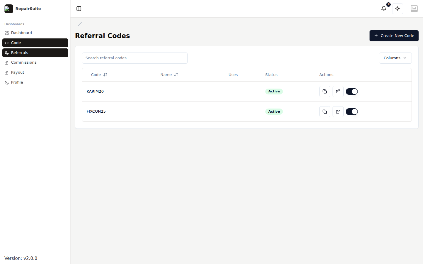 Referral codes list showing each code with its name, usage count, active status, and actions to copy the link, open it and toggle it on or off