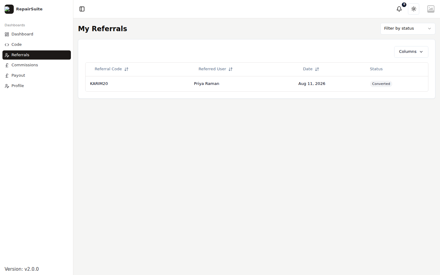 Referrals list showing referred users, the code they used, status and the date they converted