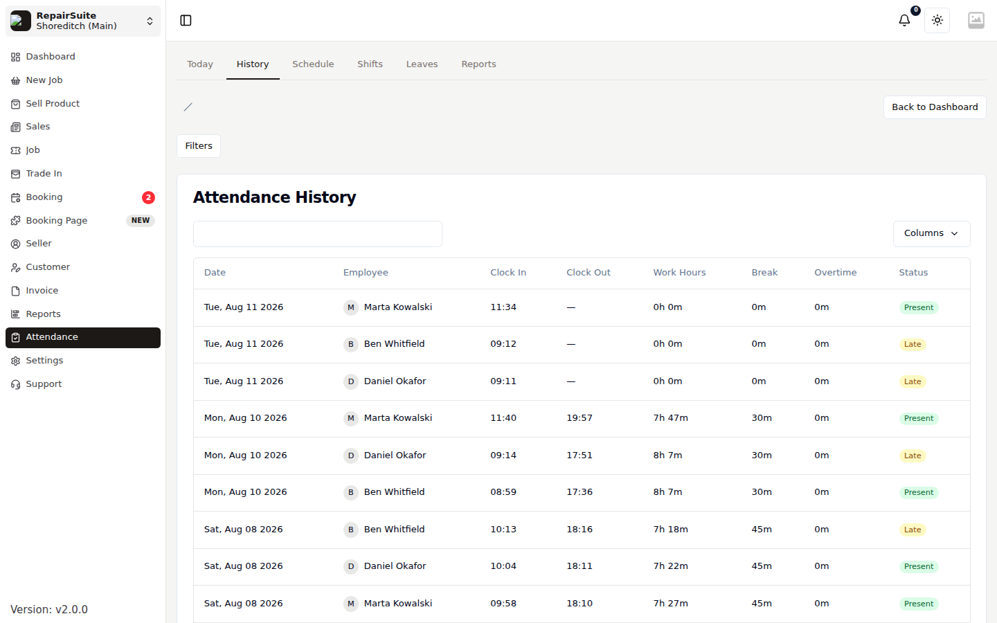 Attendance history showing past attendance records with dates, clock times, work hours and status