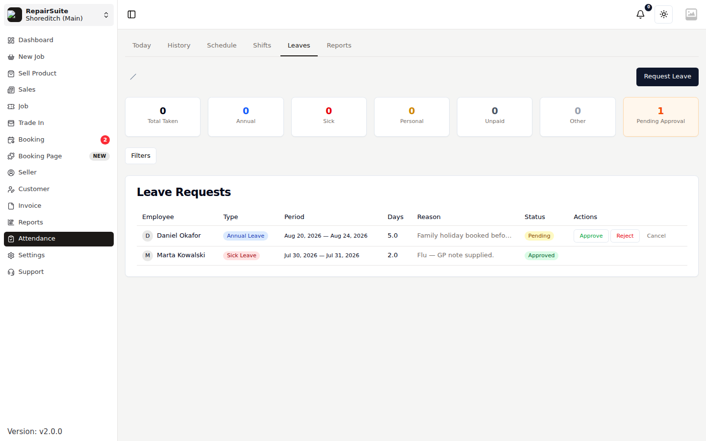 Leave requests list showing type, dates, total days, reason and approval status