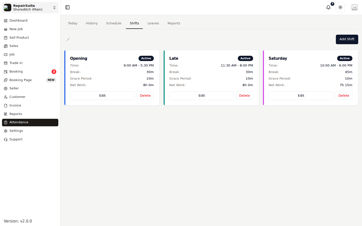 Shift templates list showing shift name, start and end times, break duration, grace period and colour