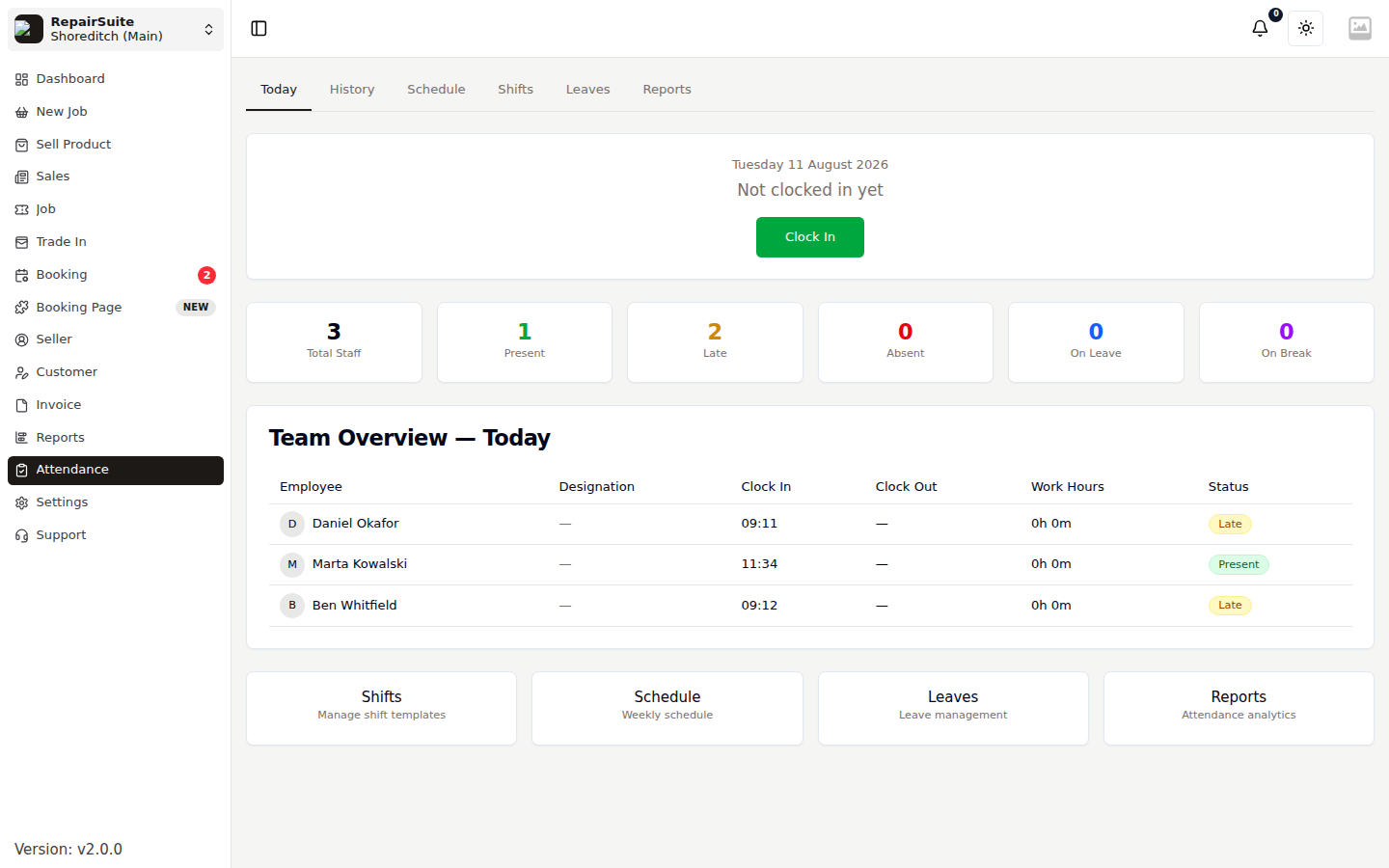 Attendance module showing clock-in, the day's counters and the team overview