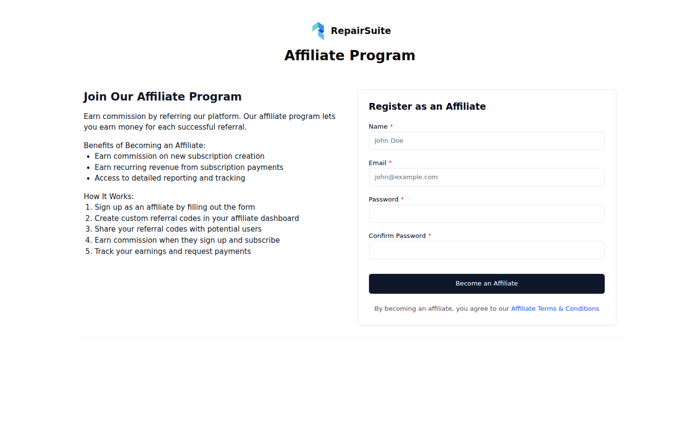 Become an affiliate form asking for name, email, phone, where you plan to promote RepairSuite and your payment details