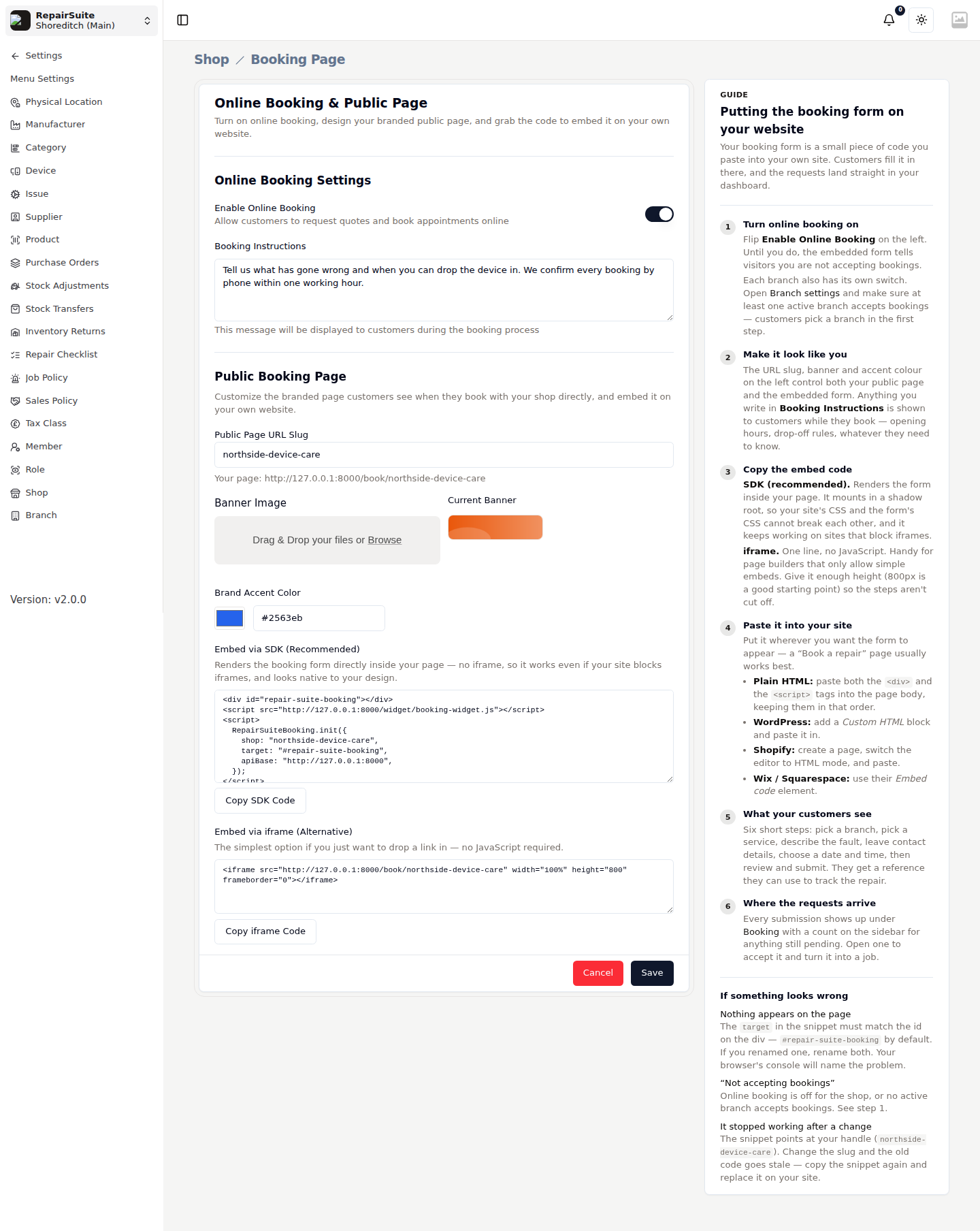 Booking Page settings showing the online booking toggle, booking instructions, public page slug, banner upload, brand accent colour, and the SDK and iframe embed snippets, with a setup guide beside them