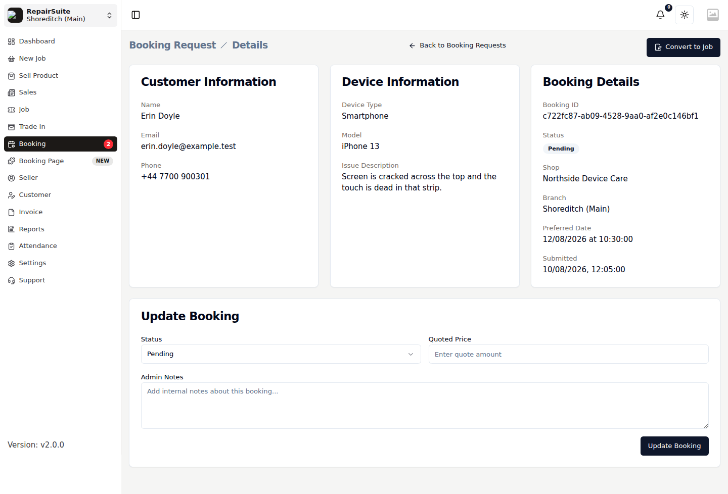 Booking request detail showing customer contact details, the device and fault description, preferred date and time, and the status actions