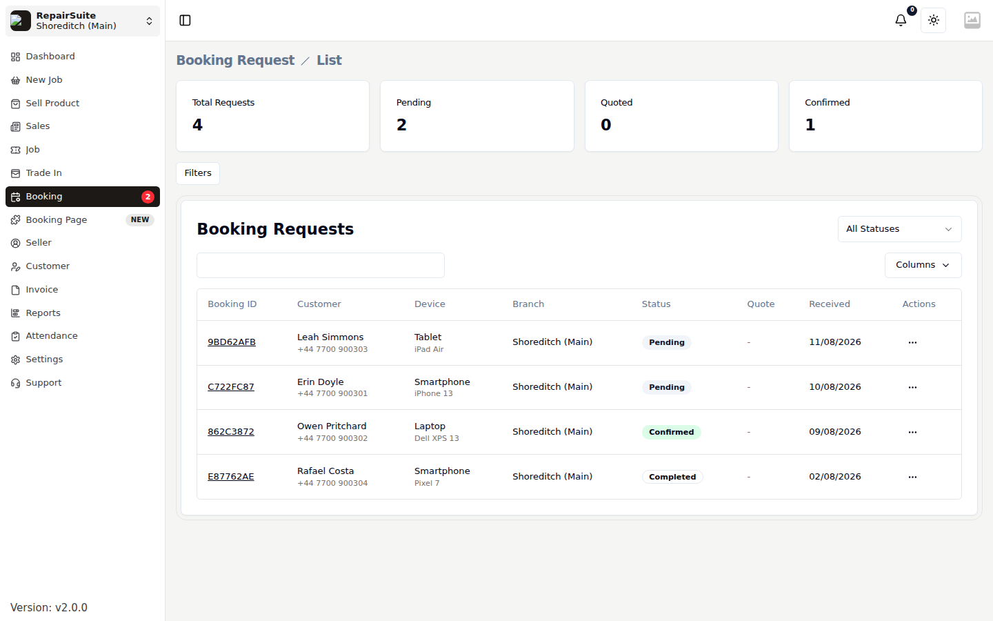 Booking requests list with counters for total, pending, quoted and confirmed requests, and a table of bookings showing booking ID, customer, device, branch, status, quote and received date