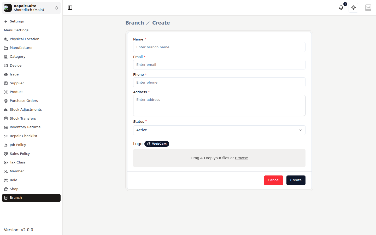 Branch creation form with the branch name, contact details, address, status and logo