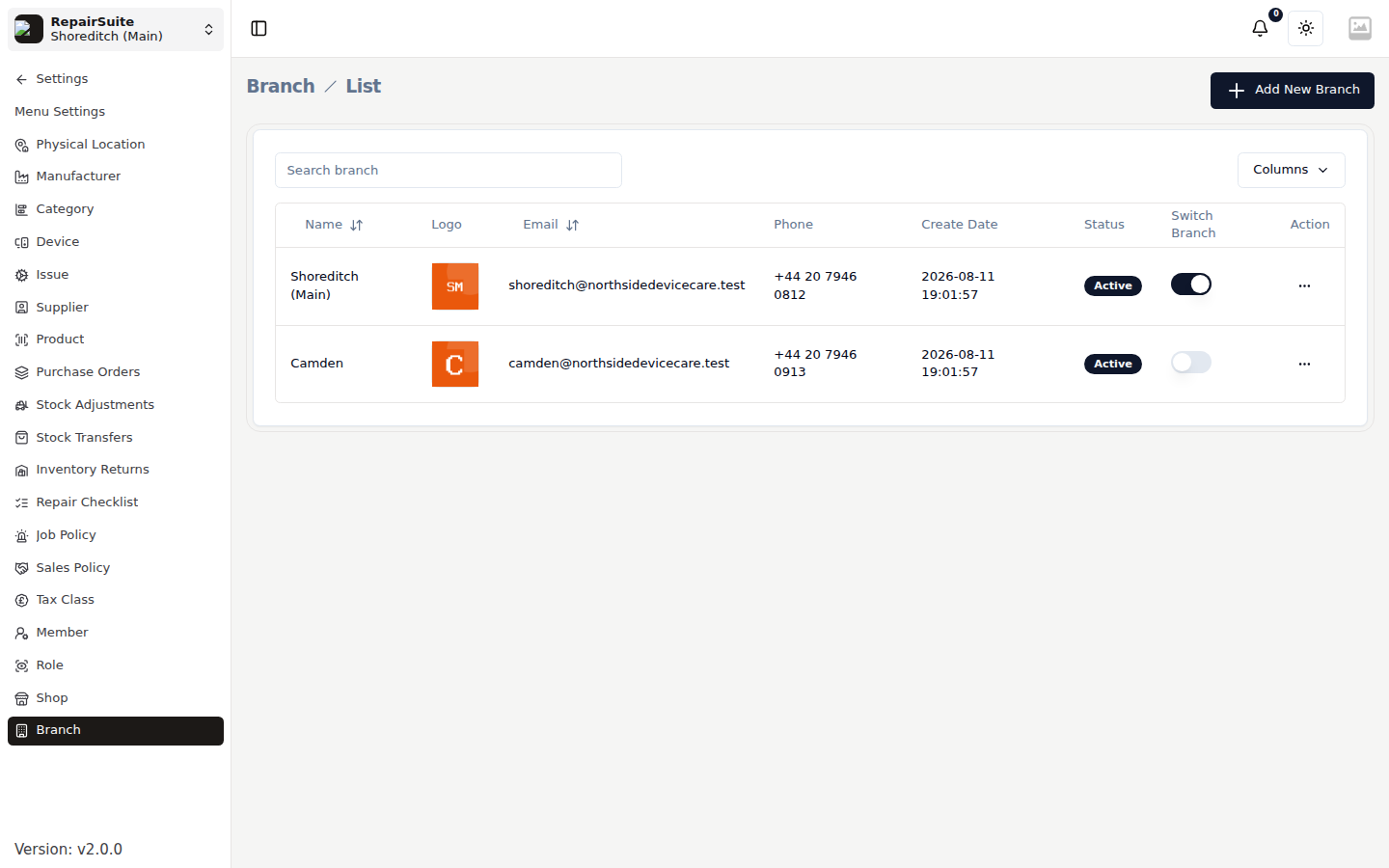 Branch list showing each branch with its name, email, phone, address and status