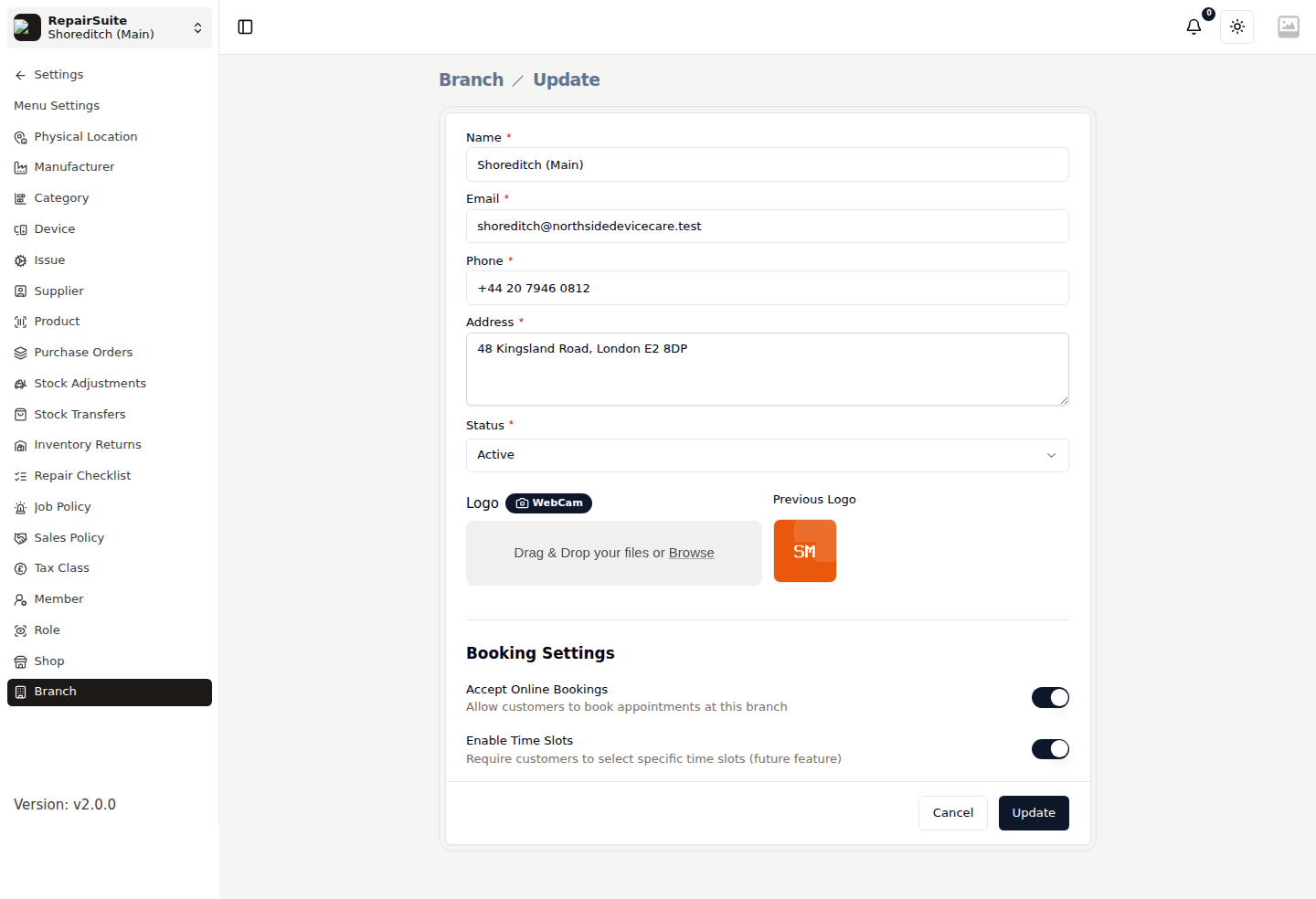 Branch update form with name, email, phone, address, status and logo, followed by booking settings for accepting online bookings and enabling time slots