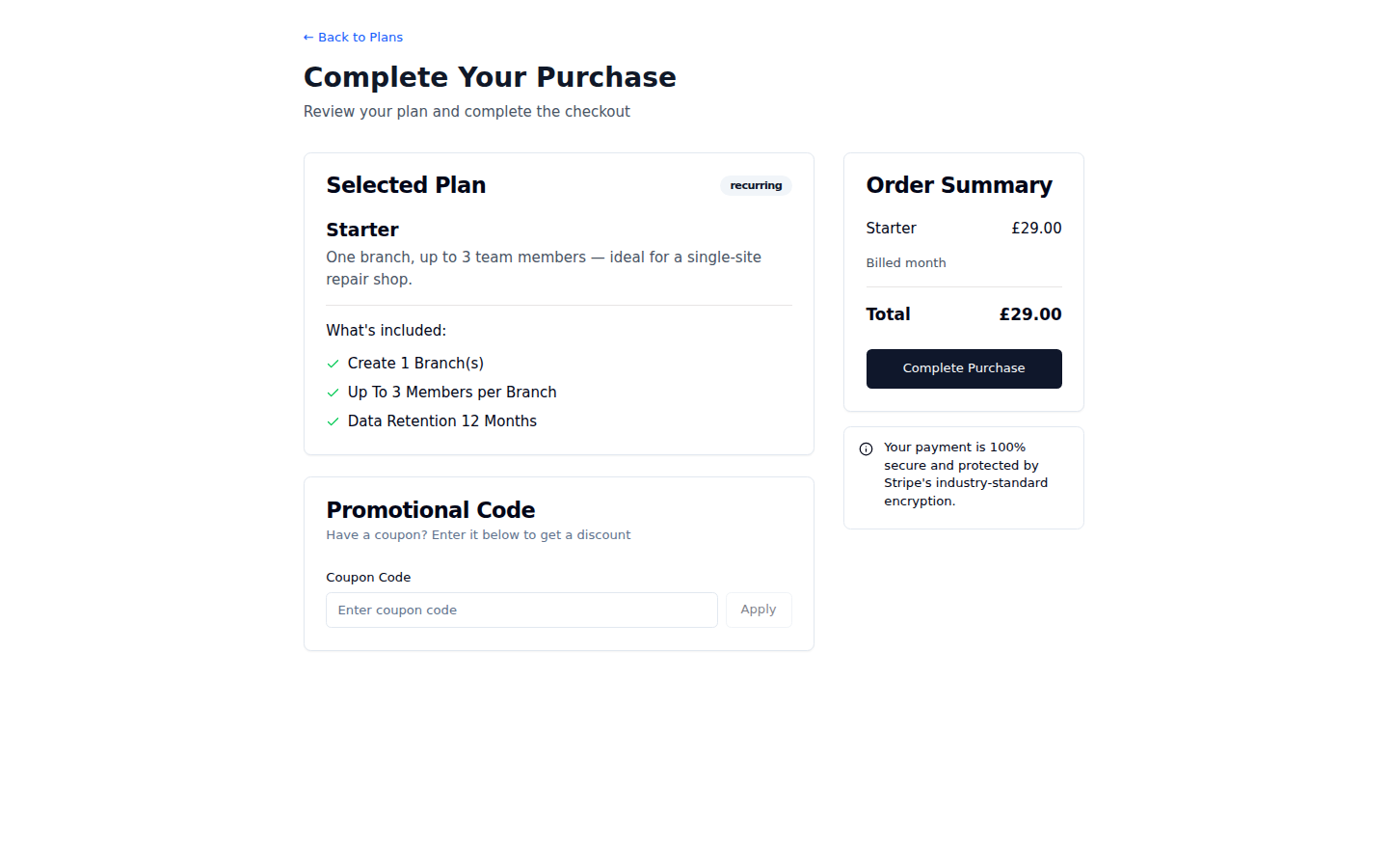 Checkout page showing the chosen plan and price, the coupon code field, the Stripe card fields and the complete purchase button
