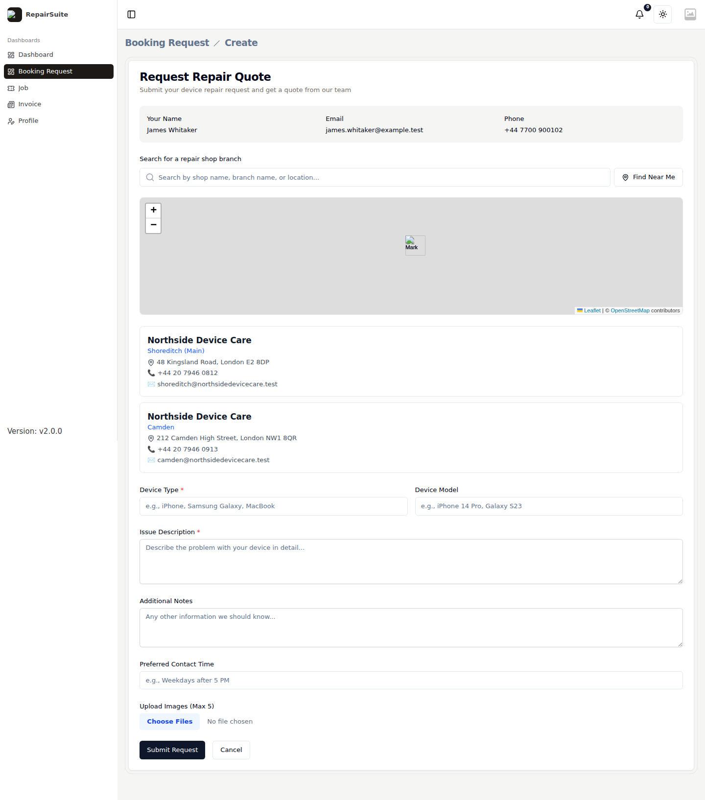 Customer booking form showing the shop and branch selection, device details, fault description and preferred date and time
