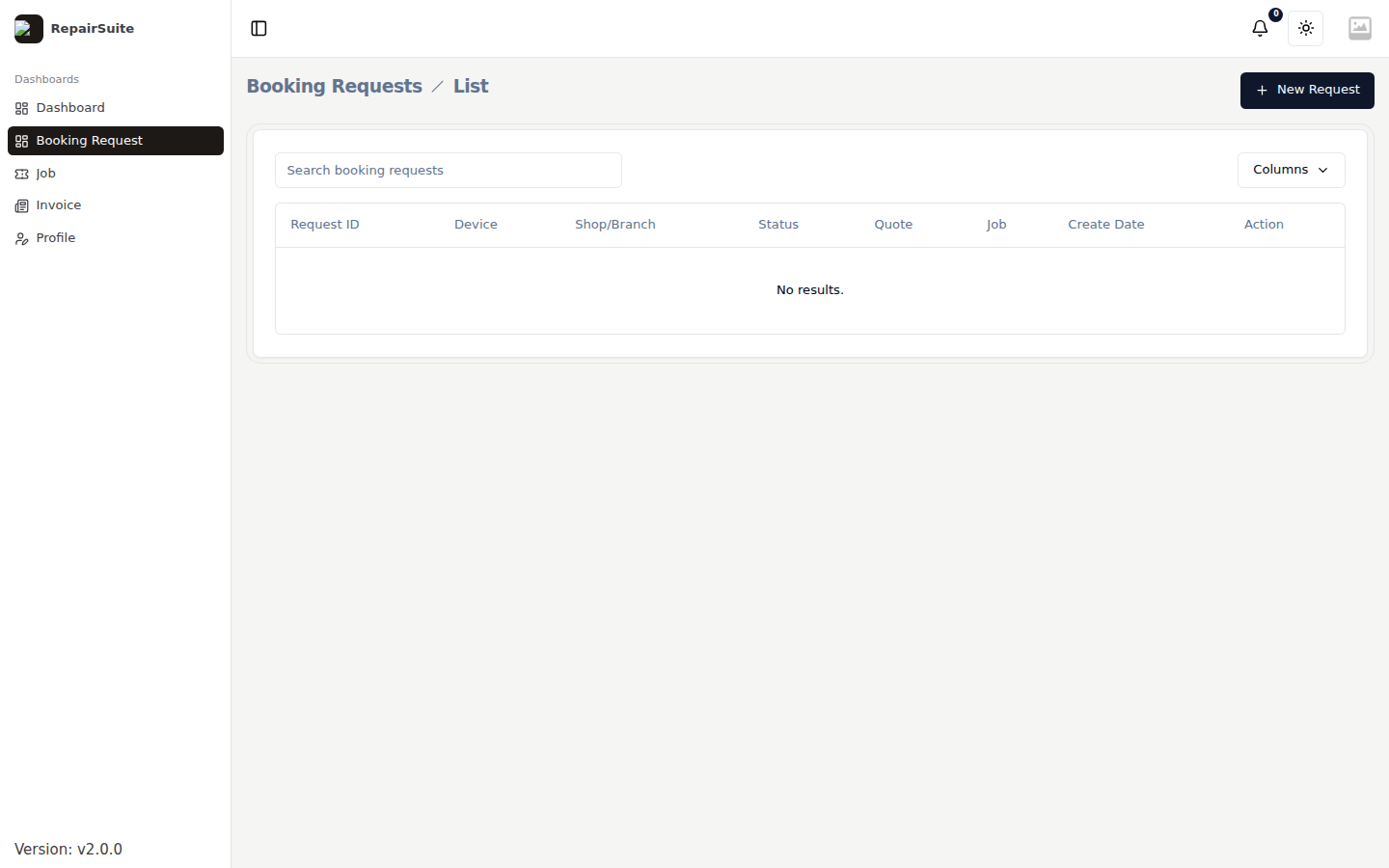 Customer portal booking request list showing each request with its reference, device, preferred date and status