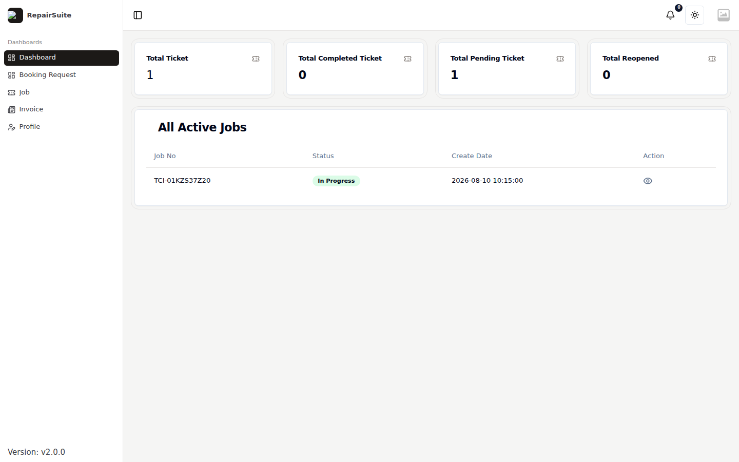 Customer portal dashboard showing counters for total, completed, pending and reopened jobs above an All Active Jobs table