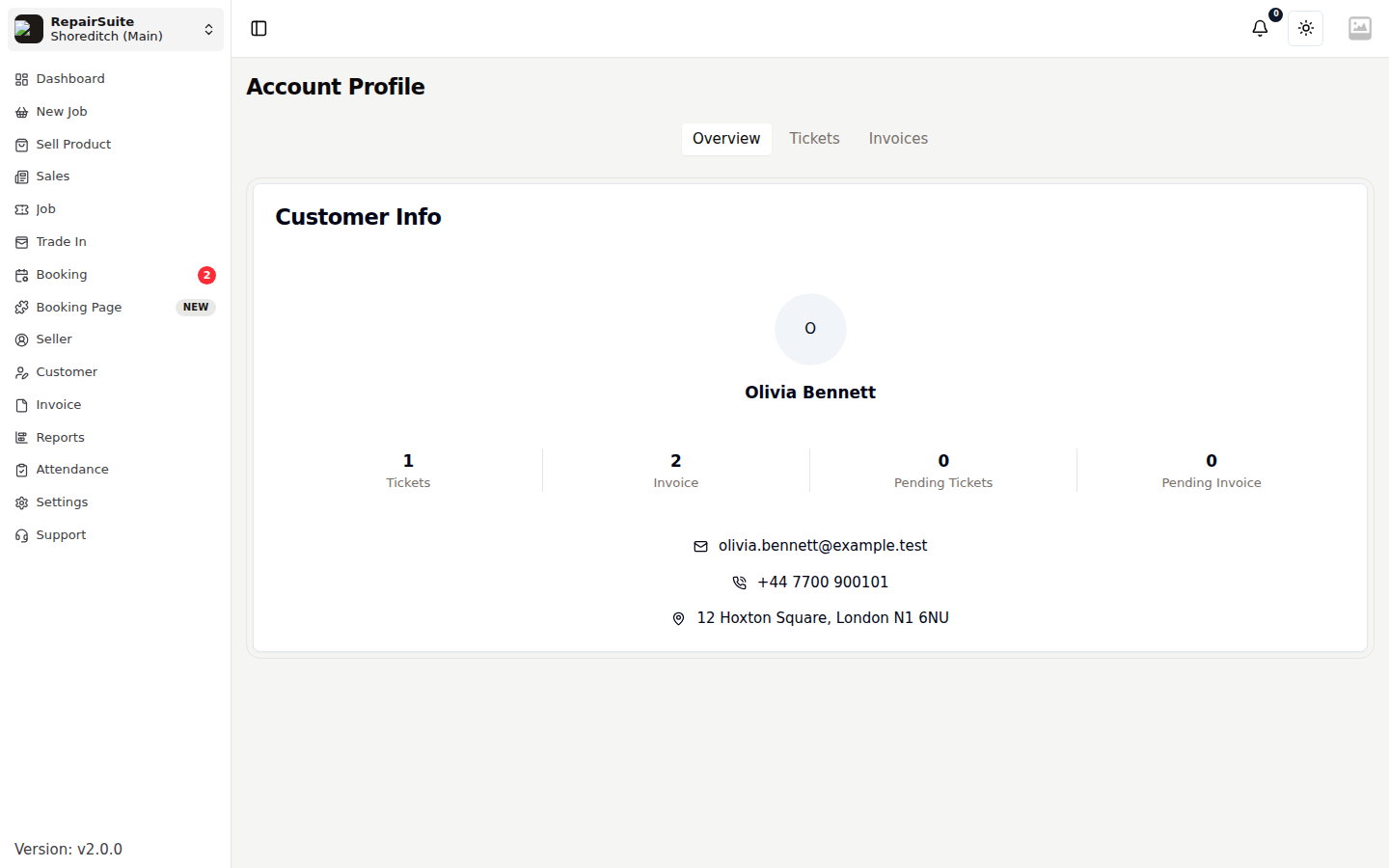 Customer profile showing contact details alongside counts of total jobs, open jobs, invoices and unpaid invoices