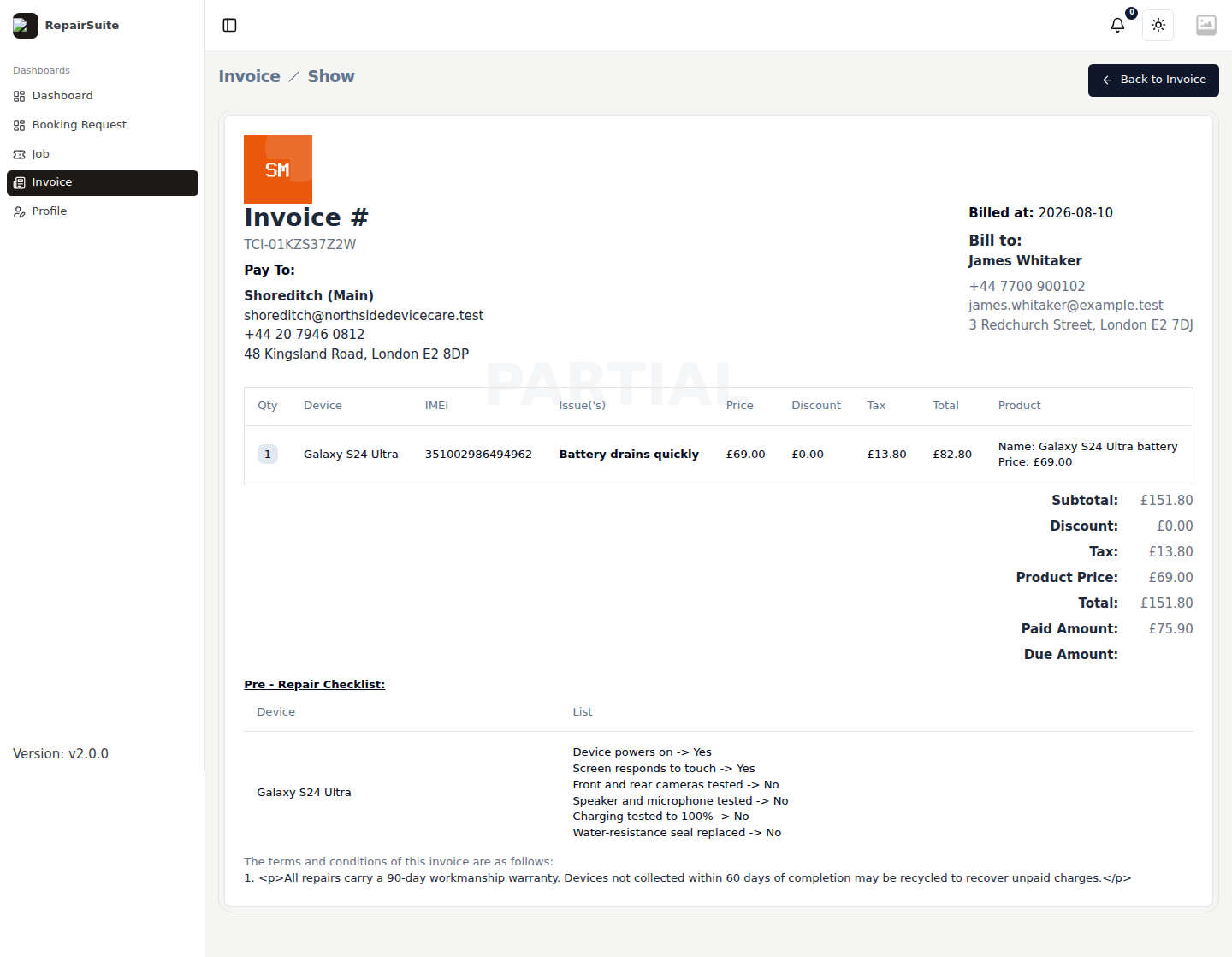 Customer view of an invoice showing the shop details, line items, totals and payment status