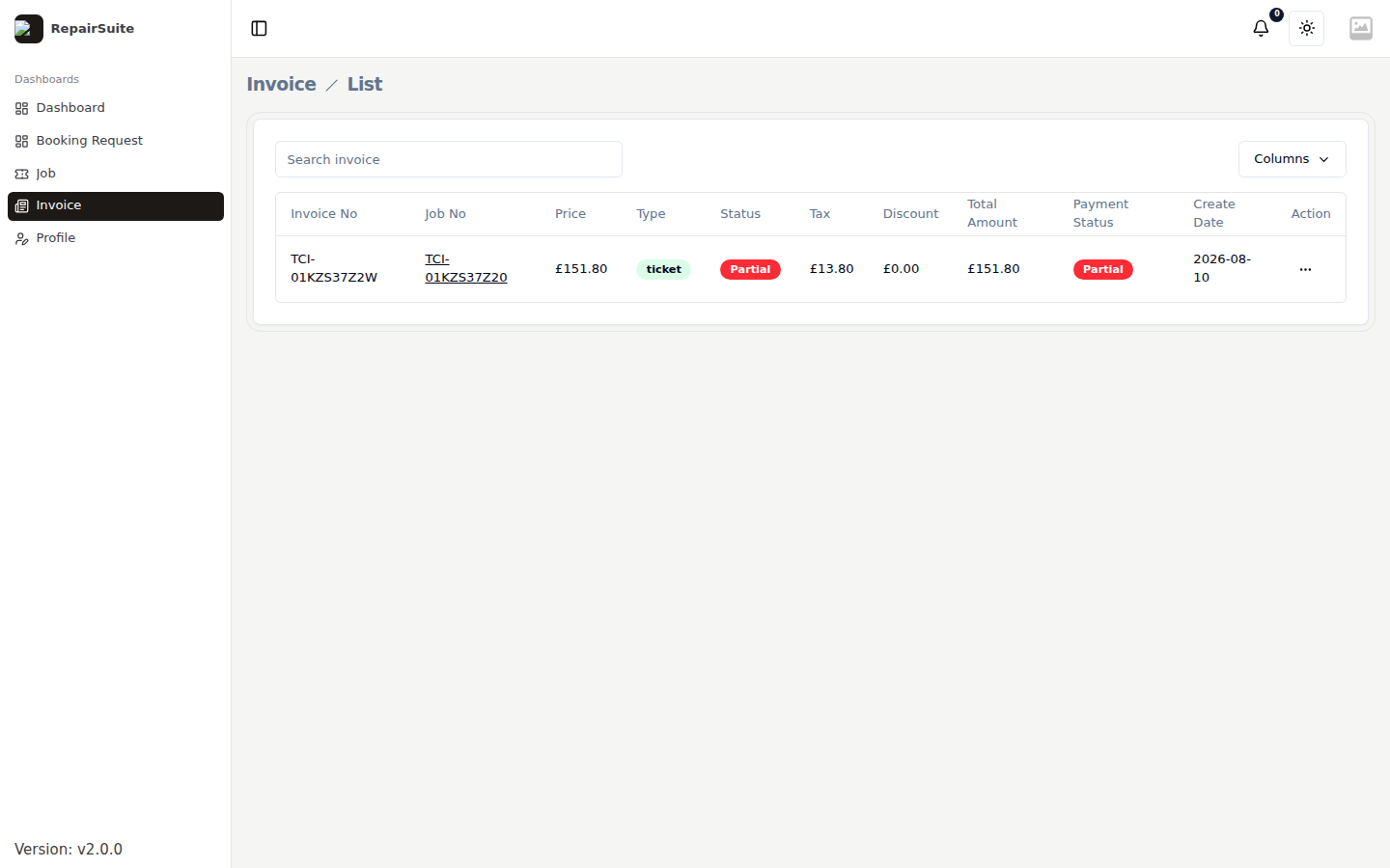 Customer portal invoice list showing invoice number, date, amount, and payment status