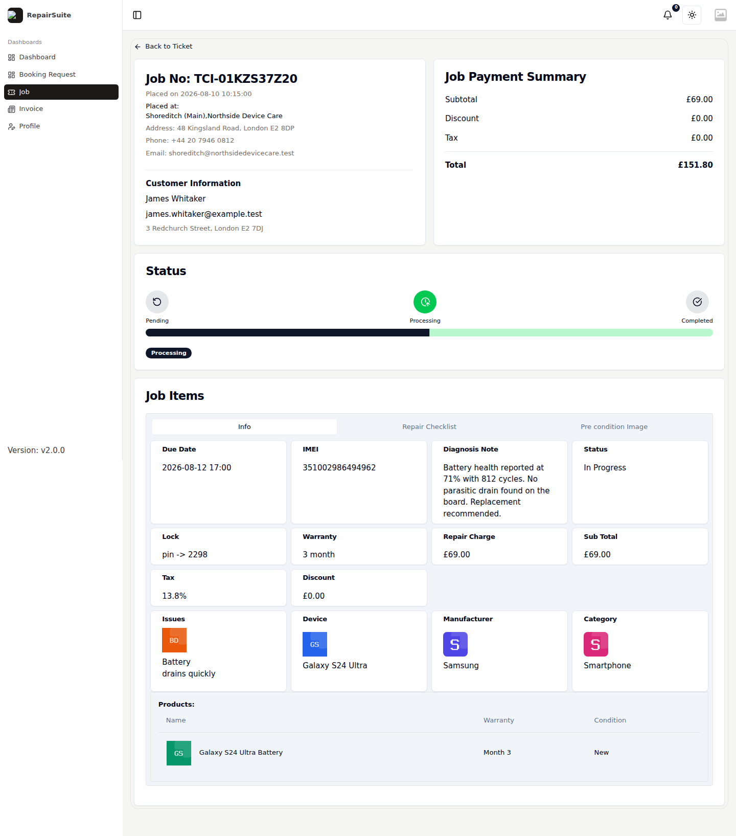 Customer view of a job showing the device, the reported issue, the status timeline and the linked invoice