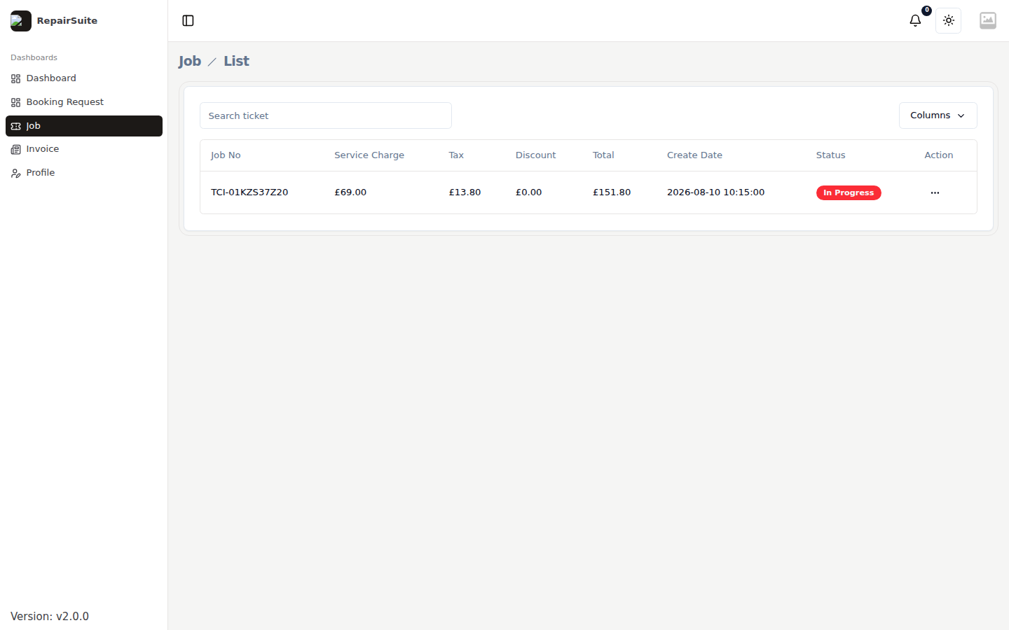 Customer portal job list showing job number, status and date for each repair
