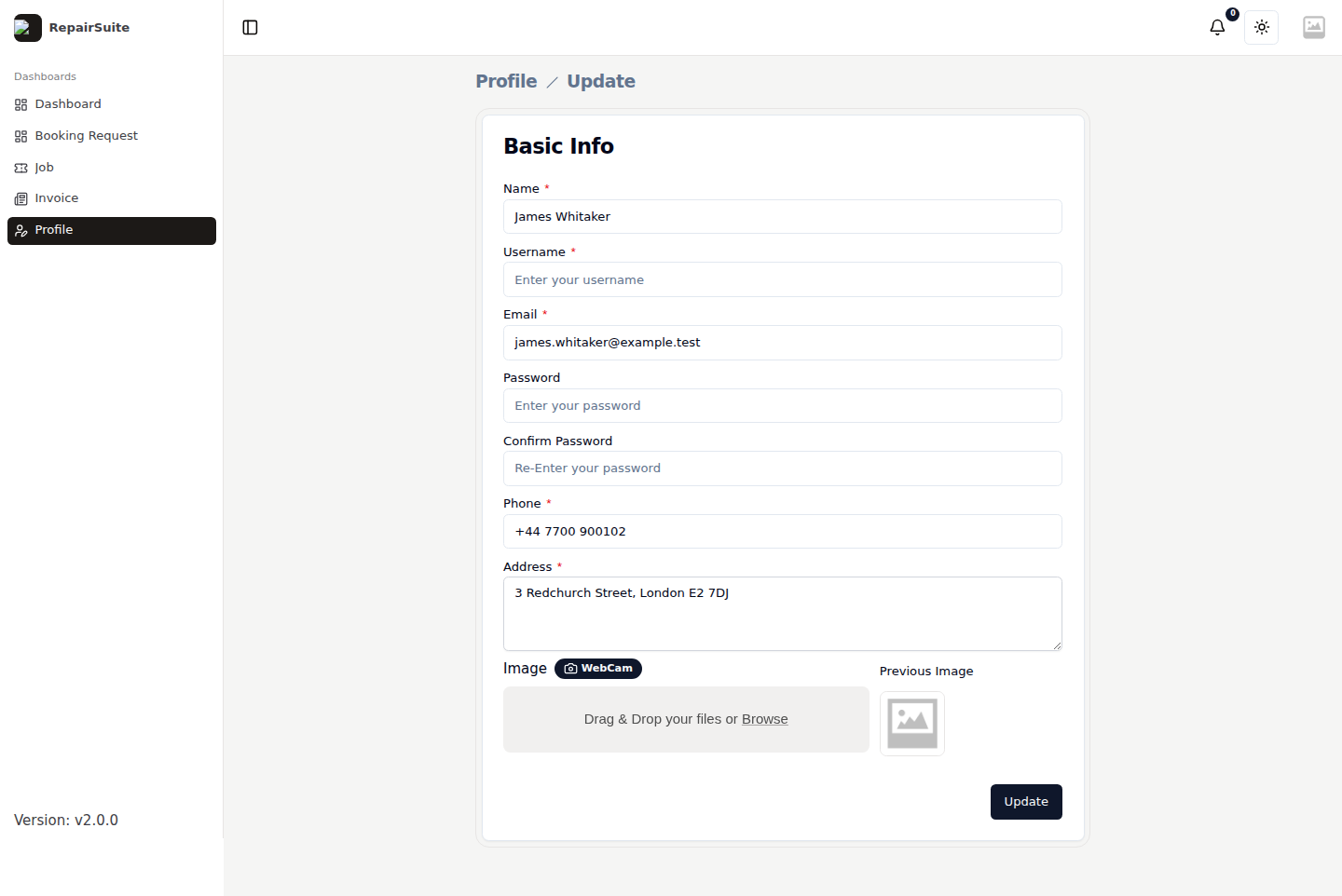 Customer profile page with fields for name, email, phone and address, and a save button
