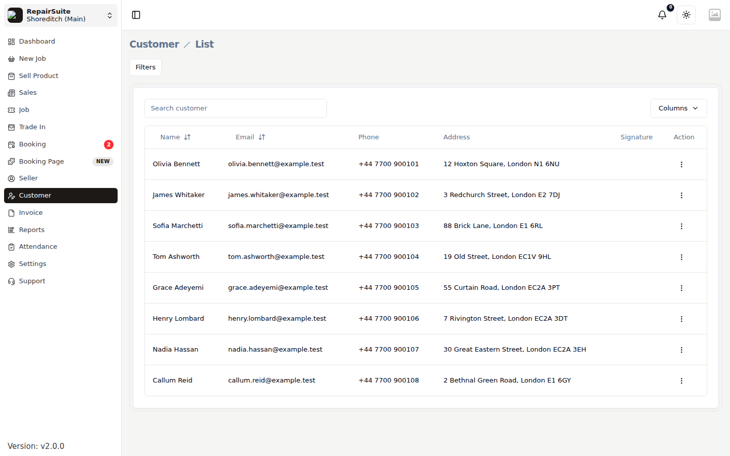 Customer list showing each customer with their code, name, phone, email and address