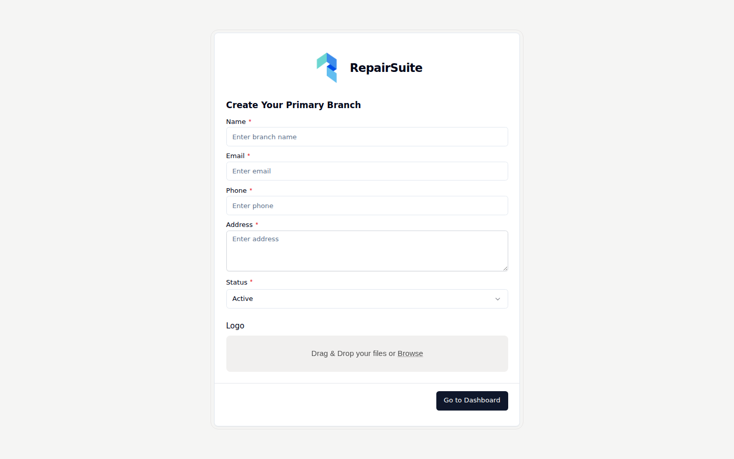 First branch form, shown straight after creating the shop, with the branch name, contact details, address, status and logo