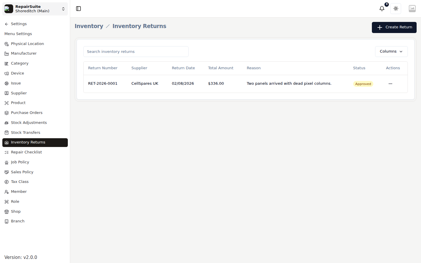 Inventory returns list showing return number, supplier, return date, total amount and status