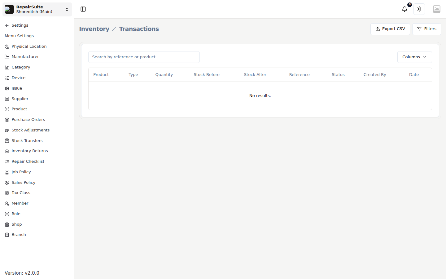 Inventory transactions ledger showing each movement with its type, quantity, reference and date