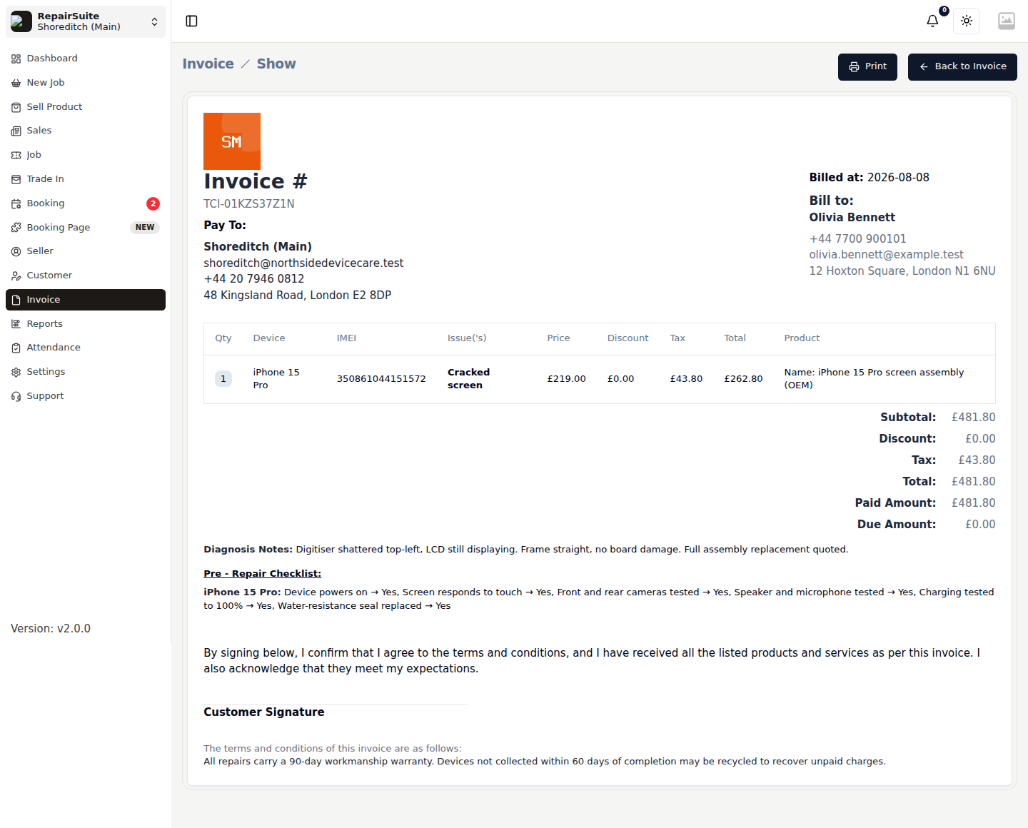 Invoice detail showing the line items, totals, amount paid and the payment history for a job
