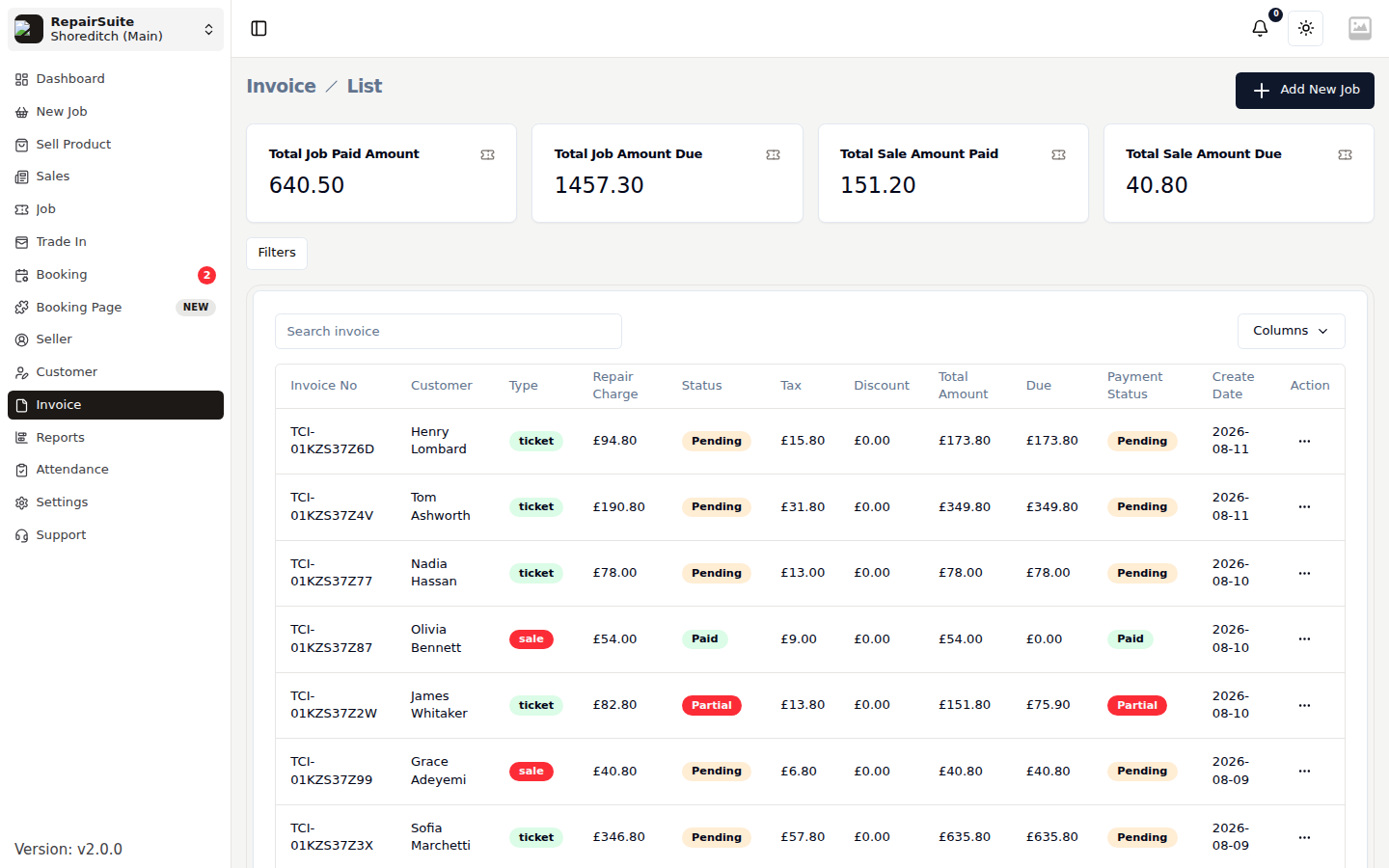 Invoice list showing all invoices with their amounts and payment status