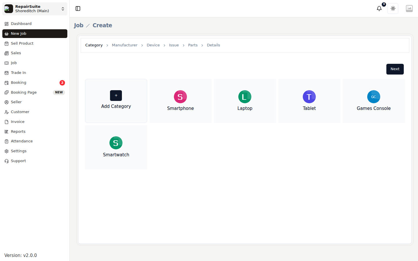 New Job wizard on the category step, showing device category tiles