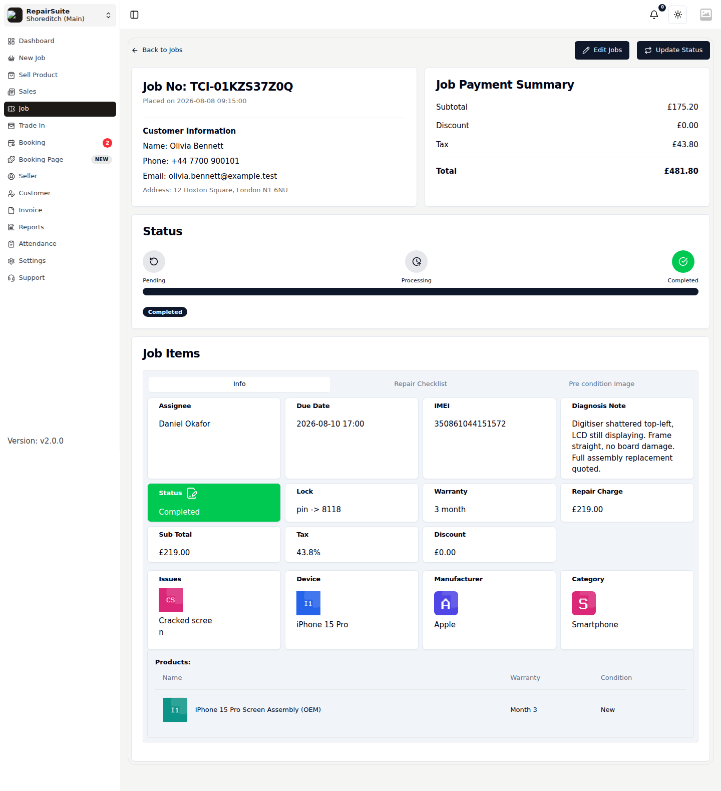 Job detail page showing the status timeline, assignee, diagnosis note and the parts used on the repair