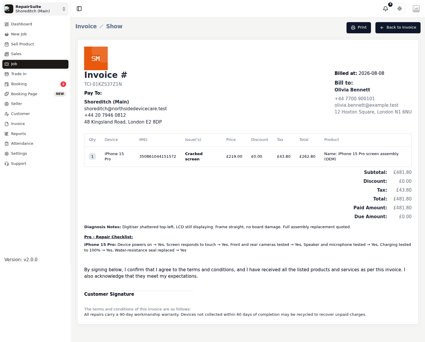 Job invoice showing the shop header, customer details, repair lines, parts, totals and payment status