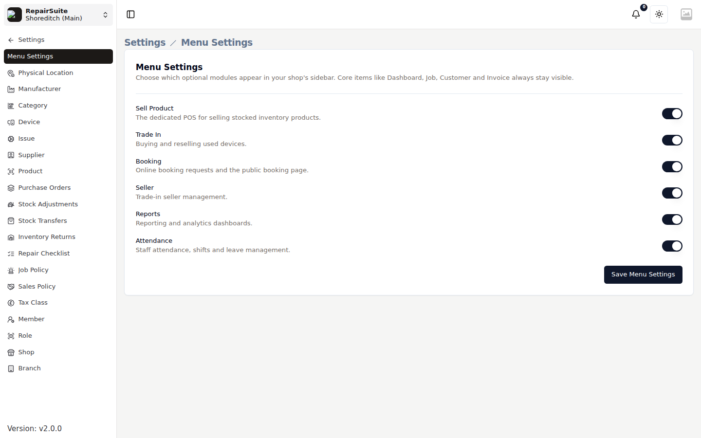 Menu Settings showing toggles for Sell Product, Trade In, Booking, Seller, Reports and Attendance, with a Save Menu Settings button