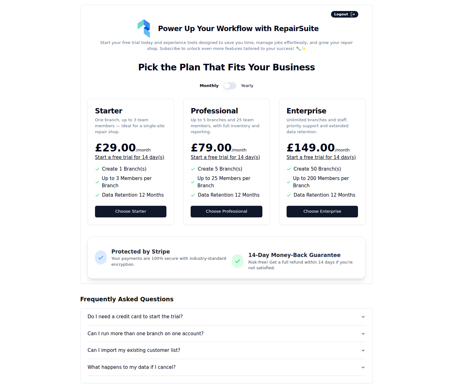 Pricing page showing the available plans with their limits, price and trial length