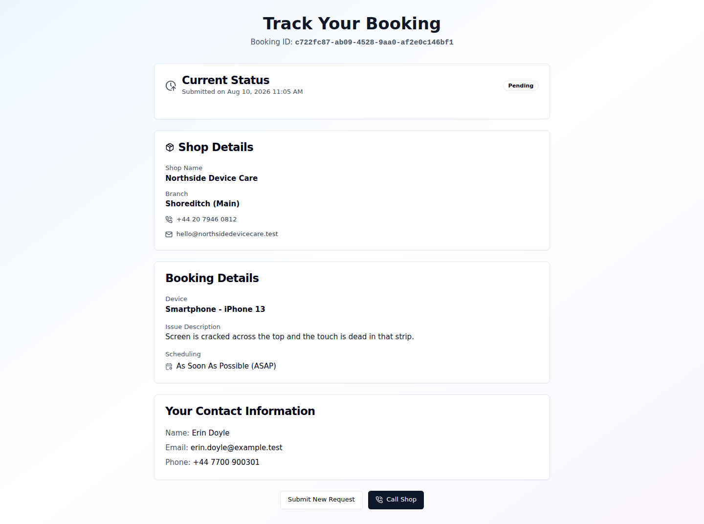Public booking tracking page showing the booking reference, the requested device and fault, the branch, and the current status