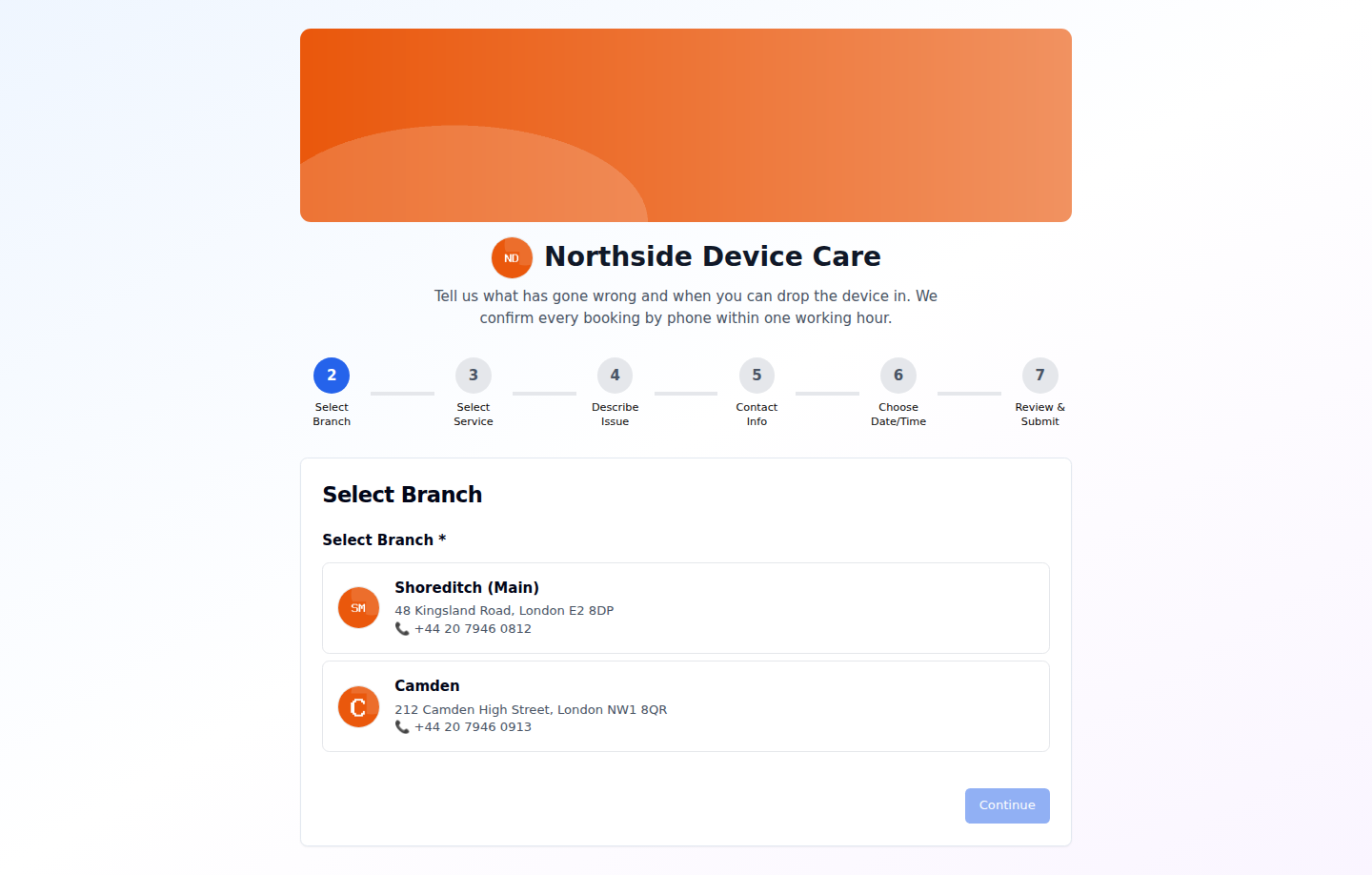Public booking page showing the branded booking form