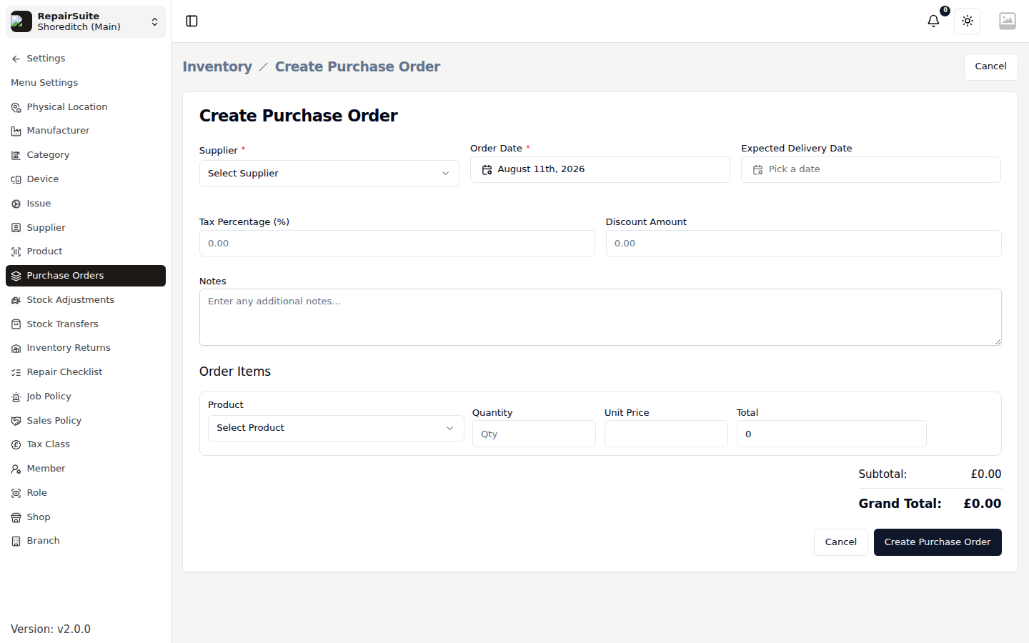 Purchase order create form with the supplier, dates, notes and terms, and a line-item table for products, quantities and unit prices