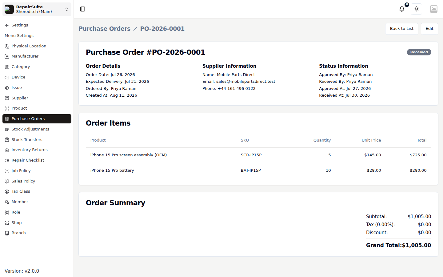 Purchase order detail showing order details, supplier information, status information, the order items and the order summary