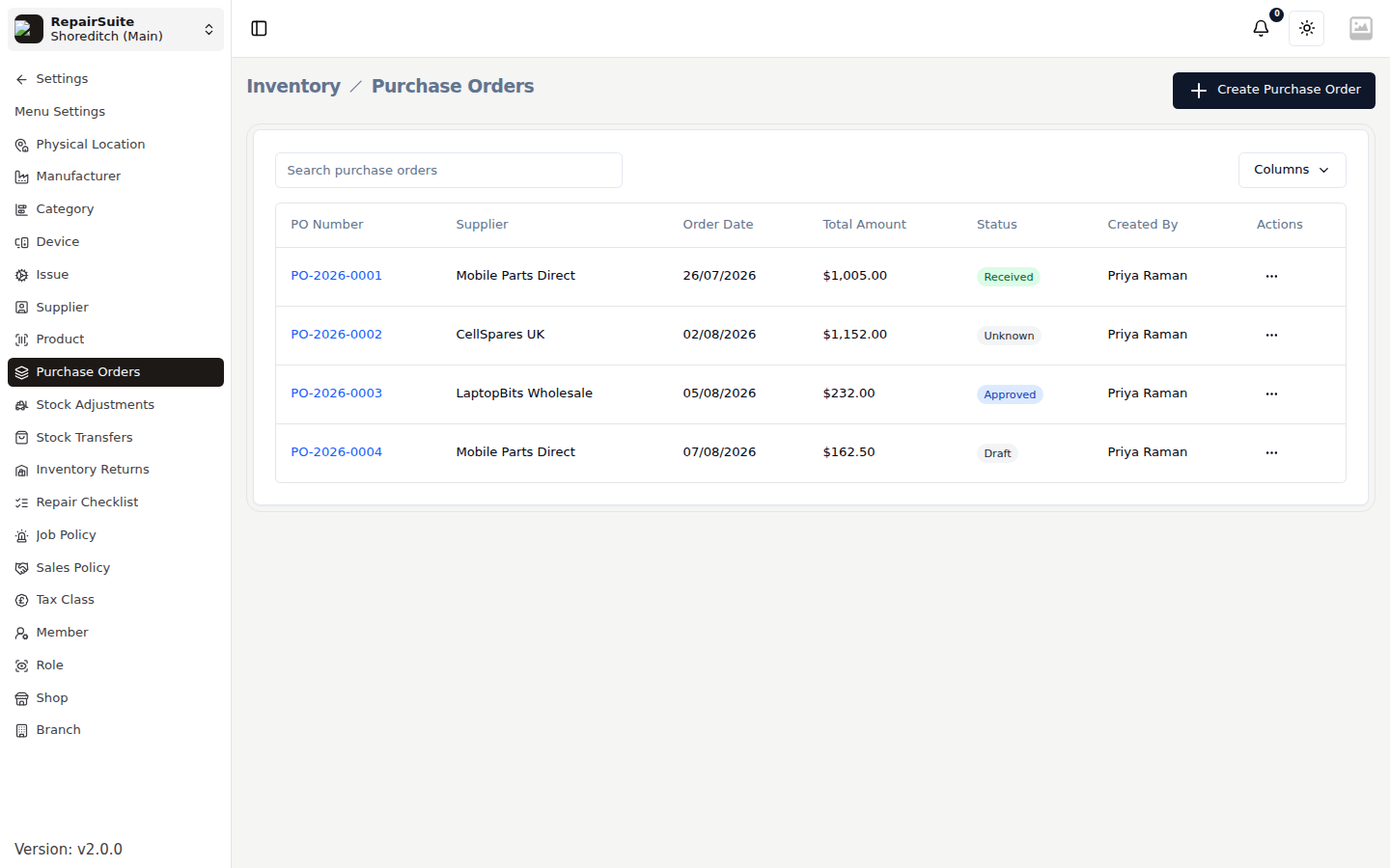 Purchase order list showing each order with its number, supplier, order date, total and status