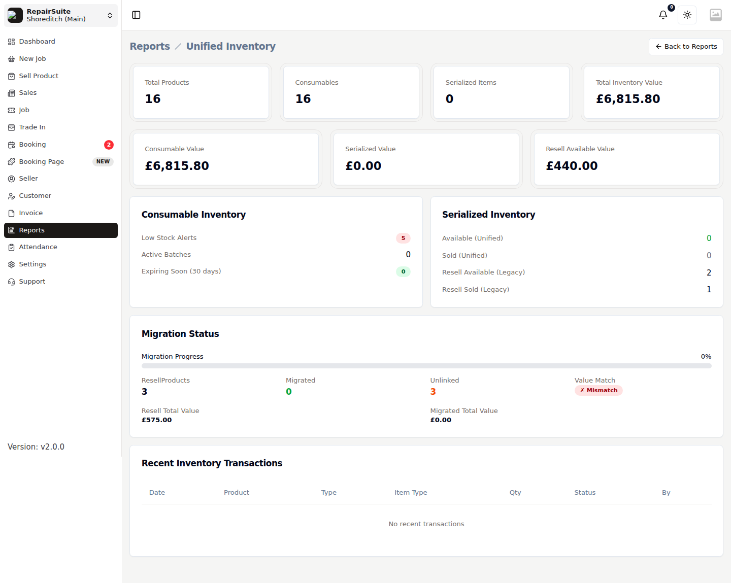 Unified inventory report showing consumable and serialized stock with value breakdown and migration status