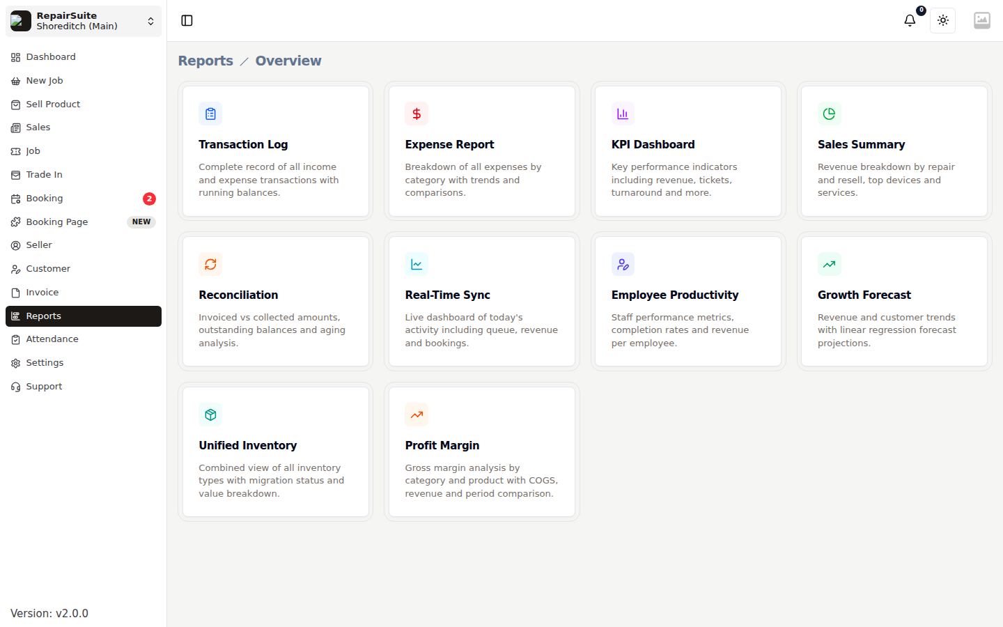 Reports overview showing the available report cards