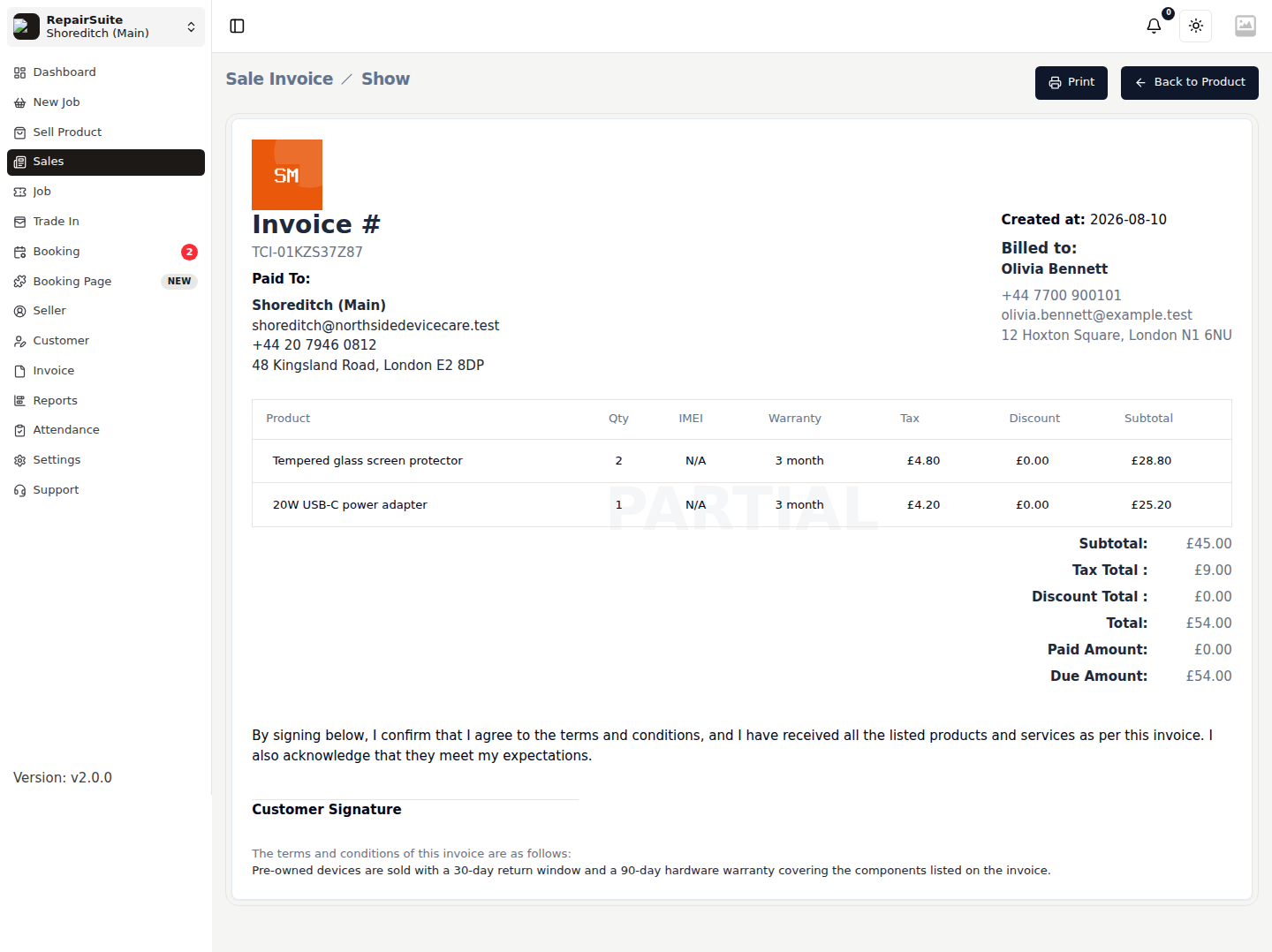 Sale invoice showing the shop header, customer, line items with discount and tax, and the total