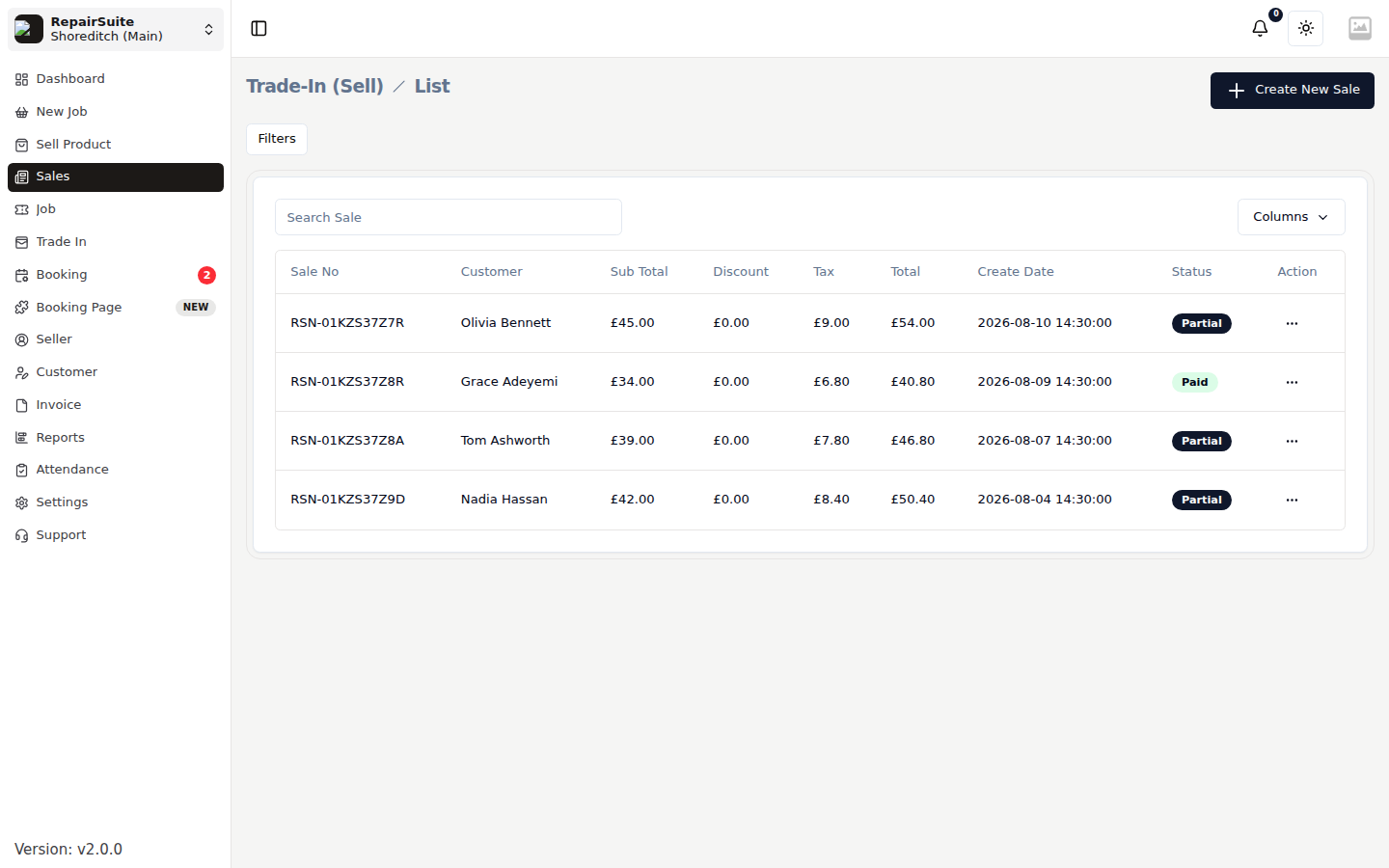 Sales list showing sale number, customer, total, payment status and date for each counter sale