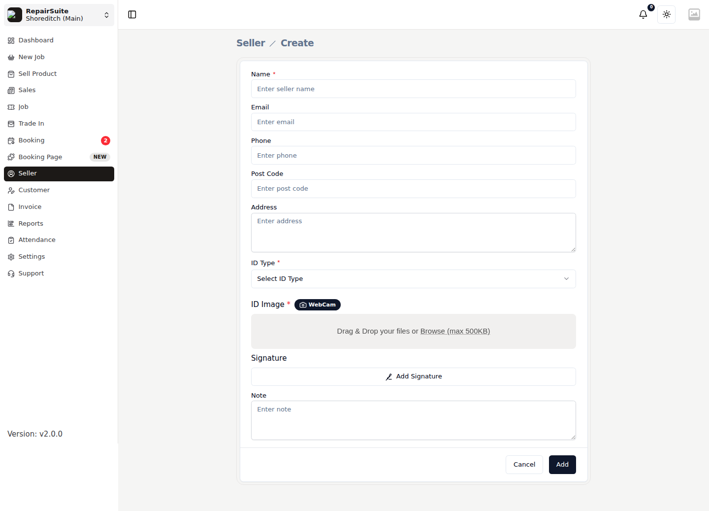 Seller create form with name, contact details, post code, ID type and ID number, and an upload for the ID document